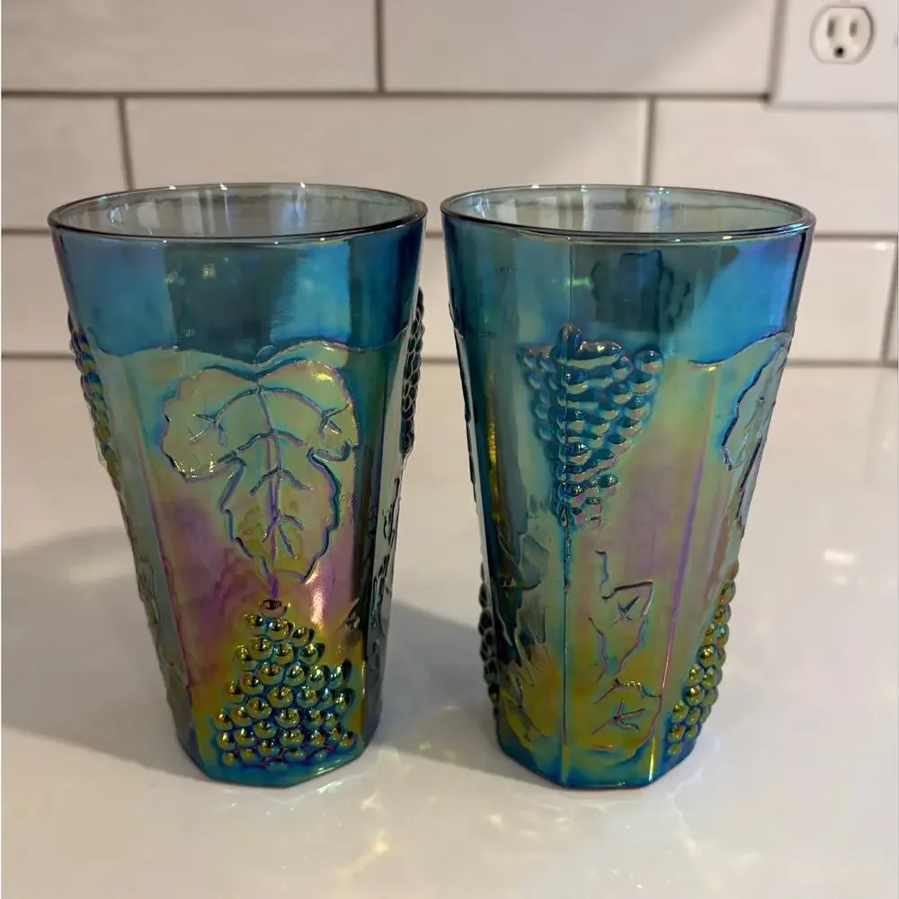 Pair of Vintage Indiana Carnival Glass Irridescent Tumblers with Grape Motif